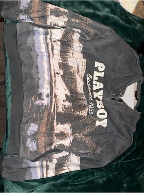 PLAYBOY Gray Scenic V-Neck Sweatshirt with White Logo